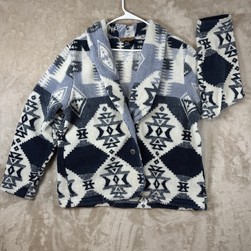 Saddle Ridge Jacket Mens Large Blue Gray Aztec Fleece Shawl Collar Cozy